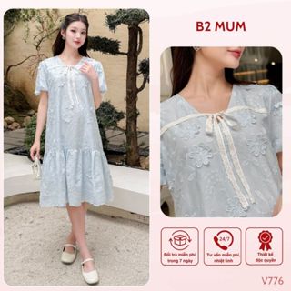 Váy Bầu Thiết kế Chất Thô Boi Mềm Mại Đầm Bầu Mùa Hè Họa Tiết Hoa Xanh Tiểu Thư - B2 MUM - V1314