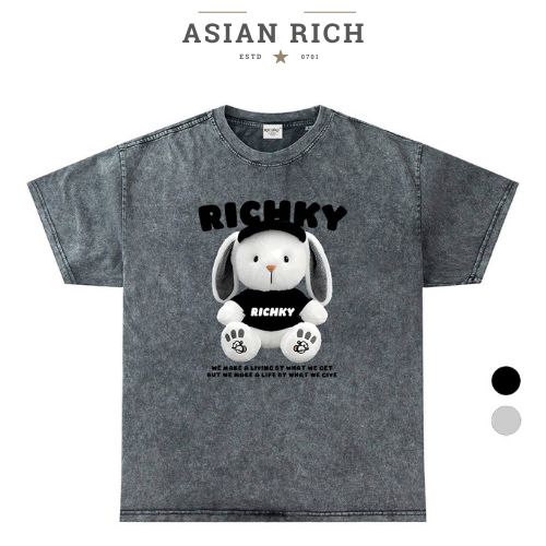 Áo Thun Wash Asian Rich Premium Tee Thỏ Bông Richky Đen Bunny Hug Edition Black