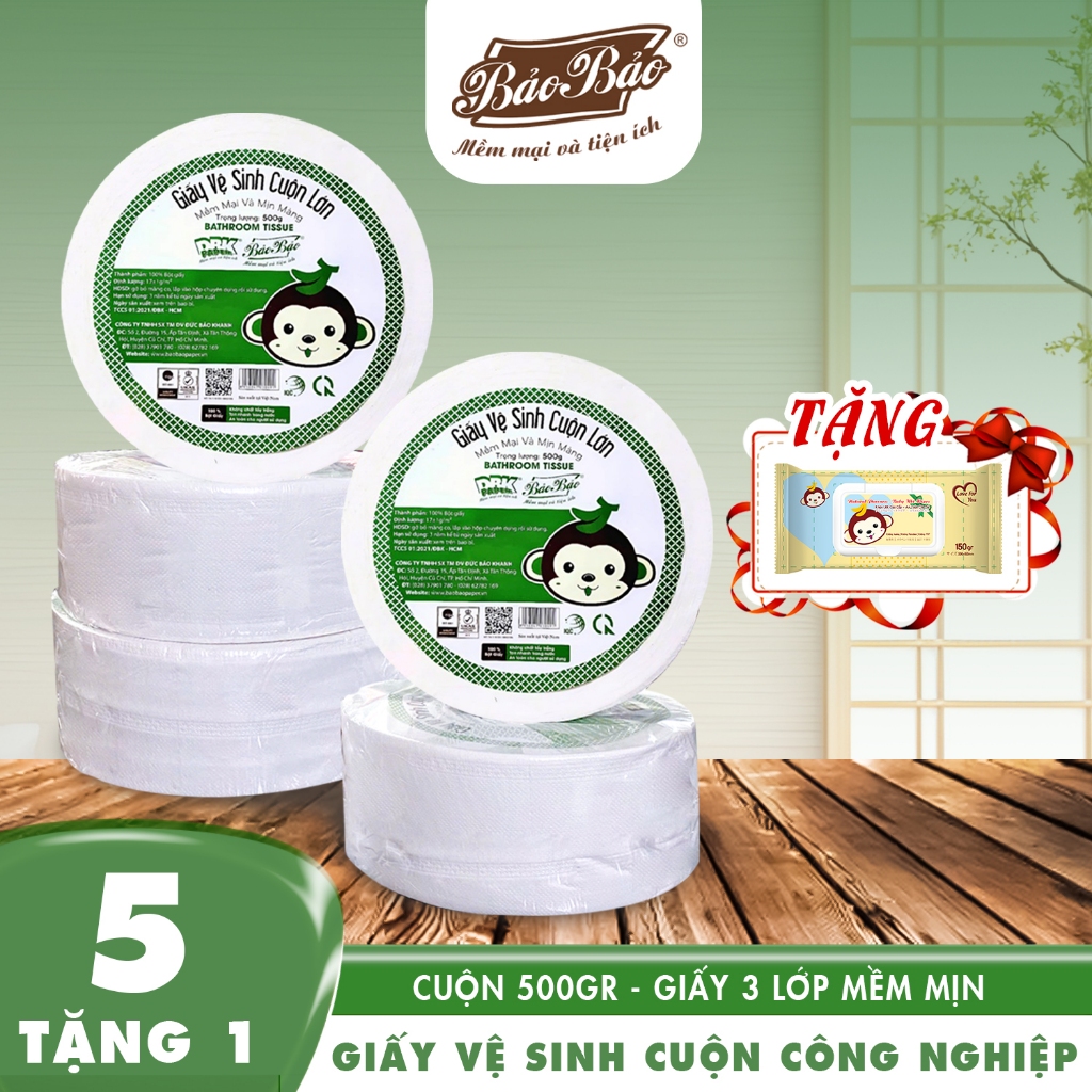 [Combo 5 Cuộn tặng 1 khăn ướt] Giấy vệ sinh công nghiệp  lớn 500g Bảo Bảo- mềm mịn, tan trong nước