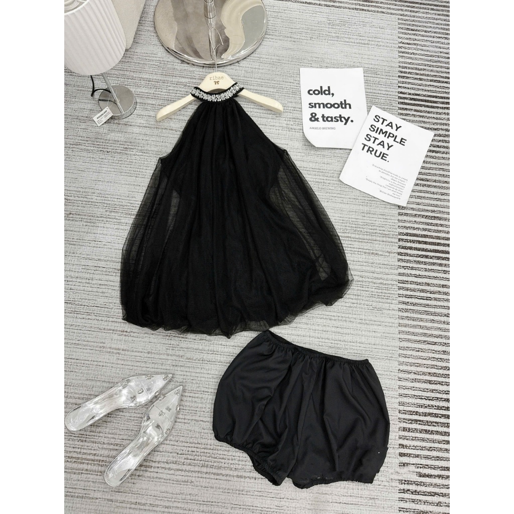 [V.05]: Váy Yếm Tơ Đính Đá Cổ Form Suông Bồng Lót Ren 2 Màu Sang Chảnh Kèm Quần Bảo Hộ (Ảnh Thật Trải Sàn) Lollaye | BigBuy360 - bigbuy360.vn