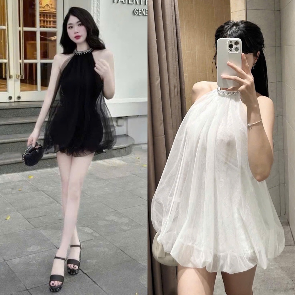 [V.05]: Váy Yếm Tơ Đính Đá Cổ Form Suông Bồng Lót Ren 2 Màu Sang Chảnh Kèm Quần Bảo Hộ (Ảnh Thật Trải Sàn) Lollaye | BigBuy360 - bigbuy360.vn