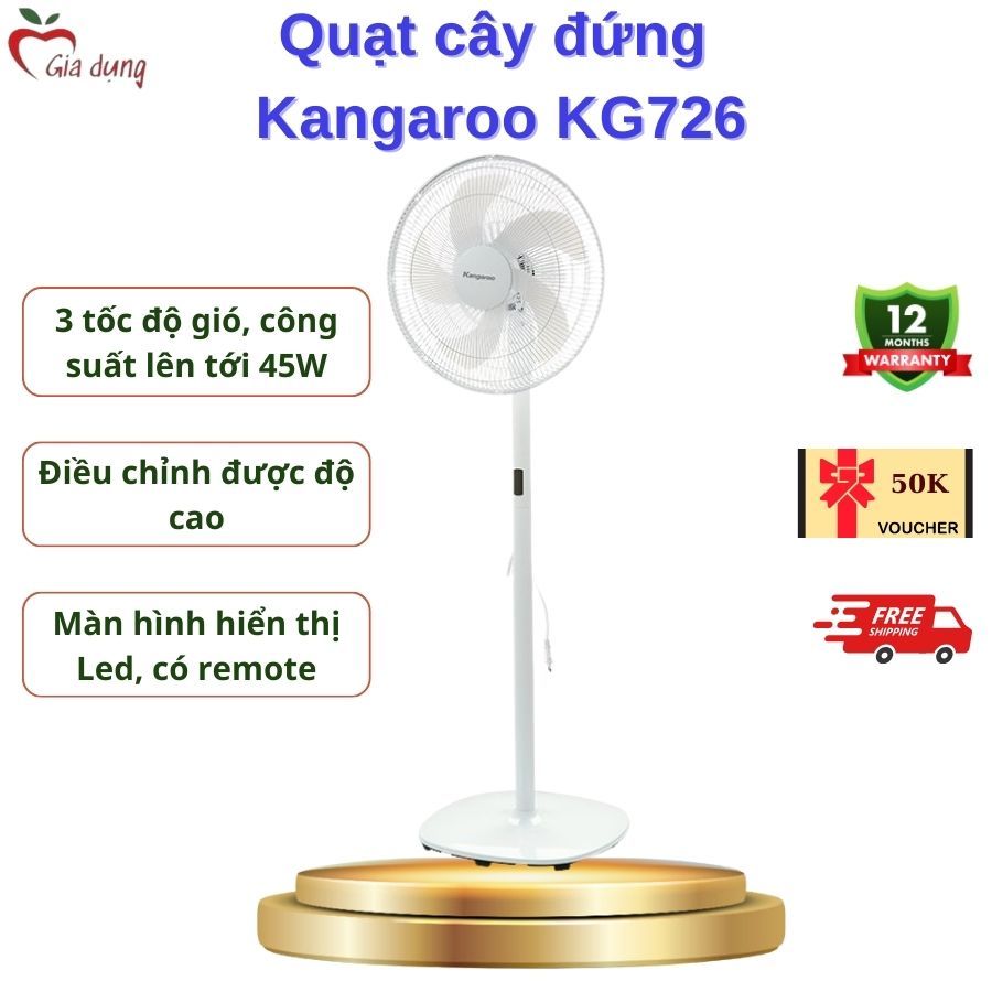 Quạt cây đứng Kangaroo KG726 điều khiển từ xa, thay đổi độ cao, màn hình Led - Bảo hành 12 tháng