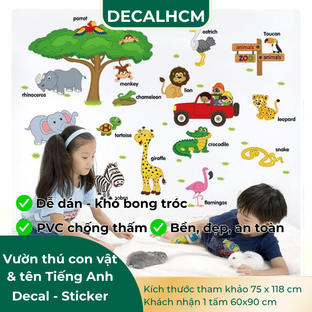 Decal Dán Tường Hình Động Vật & Tên Tiếng Anh Dễ Dán - Trang Trí Góc Học Tập & Phòng Ngủ Bé