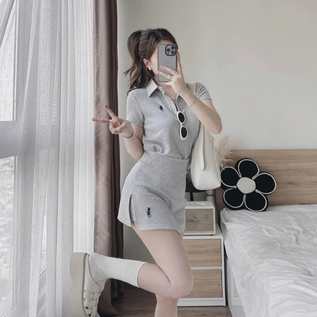 Set bộ đồ nữ áo polo thêu ngựa cài cúc ngắn tay phối chân váy kèm quần short thêu ngựa trẻ trung
