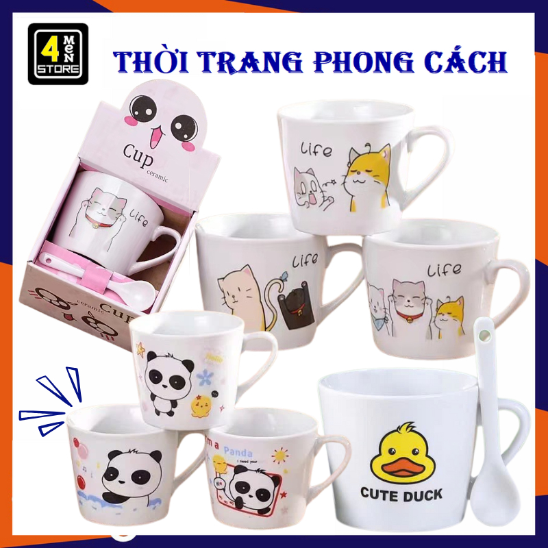 Ly Sứ Uống Nước Kèm Thìa Họa Tiết Dễ Thương - Cốc Cafe Trà , Ly Tách Uống Cà Phê Có Hộp Làm Quà Tặng