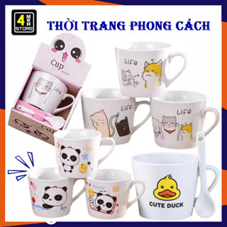 Ly Sứ Uống Nước Kèm Thìa Họa Tiết Dễ Thương - Cốc Cafe Trà , Ly Tách Uống Cà Phê Có Hộp Làm Quà Tặng