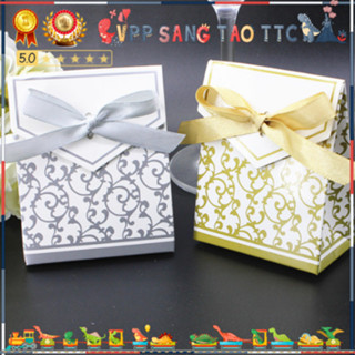  Hộp Quà Nhỏ Hoa Văn Màu Vàng Bạc Đựng Kẹo Quà Các Dịp Lễ Cưới Có Kèm Ruy Băng  3.7*6.7*8.3cm| VPP Sáng Tạo TTC 