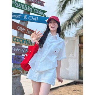 Áo sơ mi cotton bột tay ngắn thêu tim CHIBEST LAA310