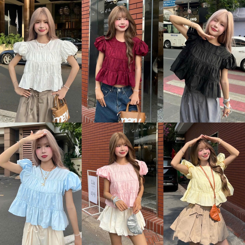 Áo Thô Babydoll Chun Thiết Kế 6 Màu Cổ Tròn Tay Bồng Đơn Giản Basic (Ảnh Thật Trải Sàn) Lollaye