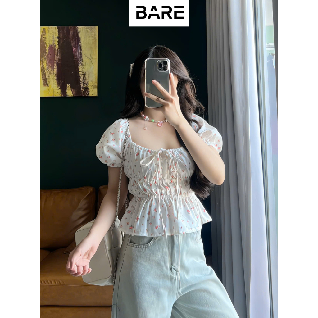 BARE_Áo Babydoll Linen Tay Bồng Cột Nơ Cổ Vuông – Áo Trễ Vai Bo Chun Thân Xinh_A490,A374,A638