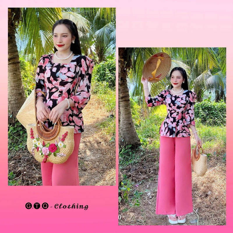 Bộ bà ba áo hoa tay phồng cổ vuông + quần lụa màu