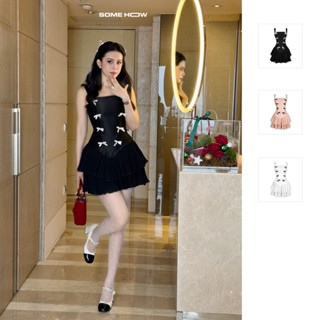 Đầm Nữ Ngắn Strap Bowtie Chain Layers , Chất Vải Tafta Xước Phối Vải Lụa Cát Dập Ly , WDN064 , SOME HOW