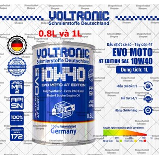 Dầu nhớt tổng hợp toàn phần xe số, xe côn tay Voltronic Evo Moto 10w40 4T Edition 800ml ( 0.8L ) và 1.000ml ( 1L )