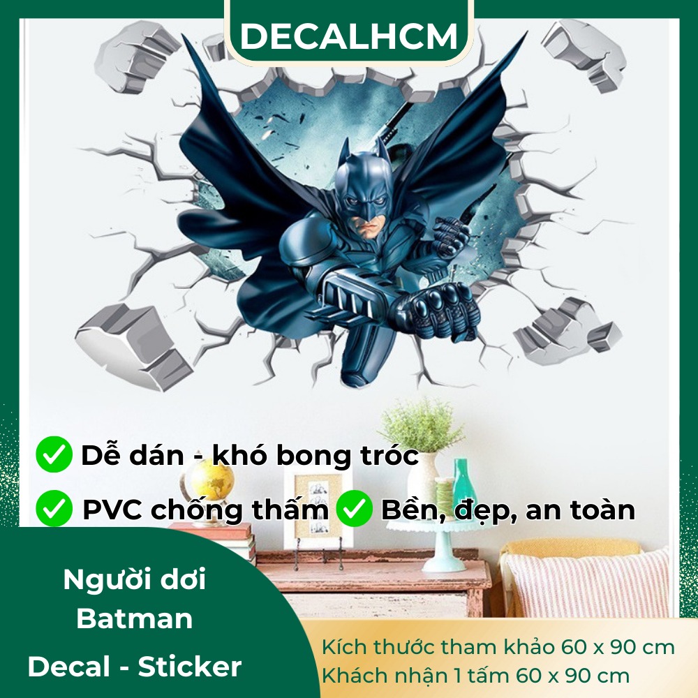 Decal Dán Tường Tranh 3D Người Dơi- decal batman có keo sẵn dễ dàng dán tại nhà