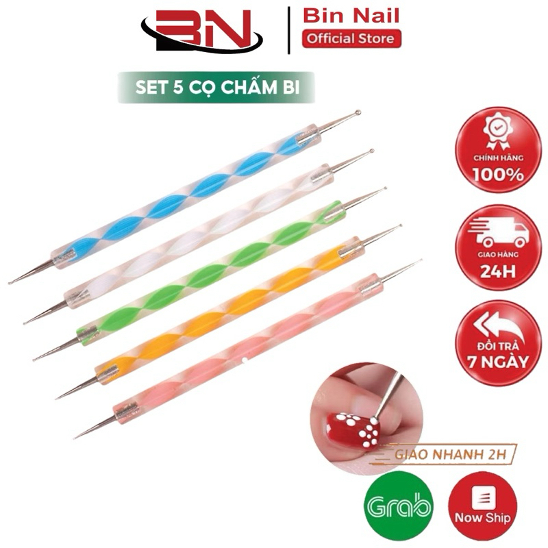 Sét 5 bút chấm bi đủ size - Bút chấm bi vẽ nail 2 đầu chuyên dụng làm móng