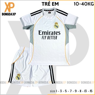 Áo Đá Bóng Trẻ Em Real Madrid Trắng 2025, Đồ Đá Banh Trẻ Em Vải Thun Lạnh Cao Cấp
