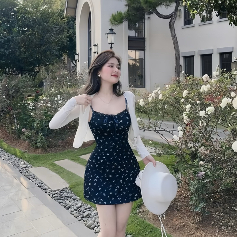 Sét Váy Hoa Nhí Màu Đen 2 Món Gồm Váy 2 Dây + Áo Khoác Ngoài | BigBuy360 - bigbuy360.vn