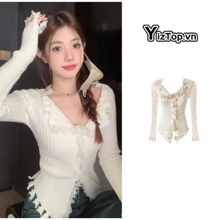  YizTop Áo Khoác cardigan Dệt Kim Tay Dài Cổ Chữ v Dáng Ôm Phối Tua Rua Thời Trang Cho Nữ 