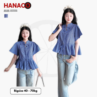 Áo babydoll kẻ phối dây buộc nơ cổ Hanaco - A25