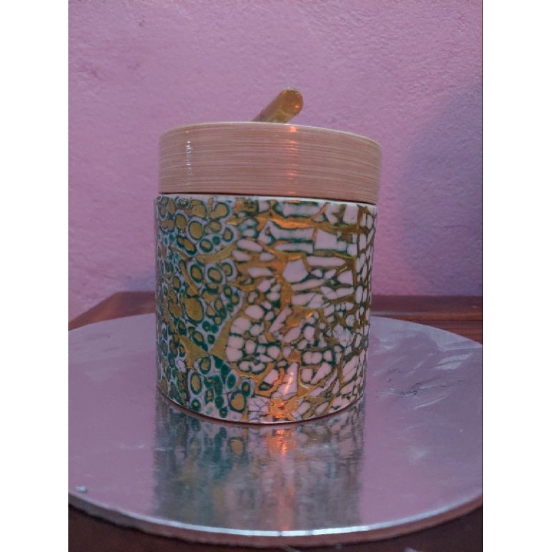 Màu xanh lá dạng hộp《size 10cmx9cm》Hũ tre khảm trai đựng trà, gia vị