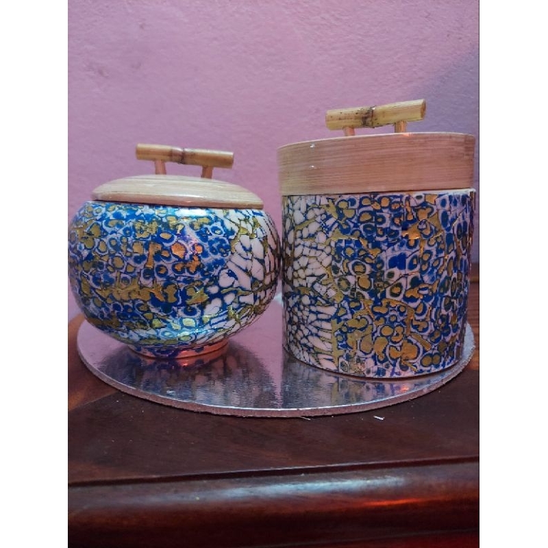 Combo 2 hộp màu xanh lam《size 10cmx9cm》Hũ tre khảm trai đựng trà, gia vị