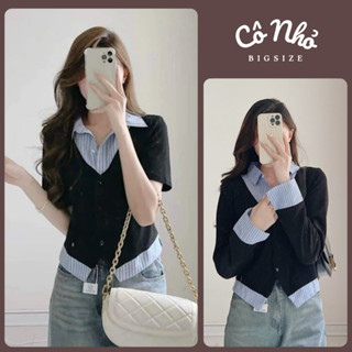 Áo Sơ Mi Bigsize Nữ Kiểu Giả Hai Lớp Tay Dài Vải Xoa Kẻ Sọc Phối Nỉ Tăm Cá Tính