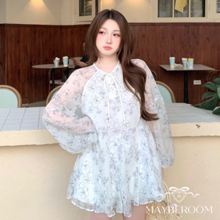 MAYBEROOM® Váy babydoll xoè A kèm lót lụa voan hoa nhí màu xanh xám Botanic dress