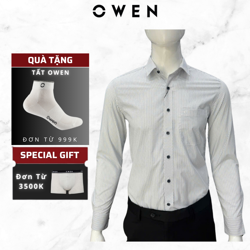 Áo Sơ Mi Nam Dài Tay Owen AR250100DT màu trắng kẻ sọc dáng Regular Fit,chất liệu BAMBOO mềm mịn