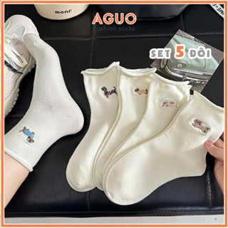 Tất trắng cổ nhún set 5 đôi chất liệu cotton mềm mại thoáng khí - Aguo shop
