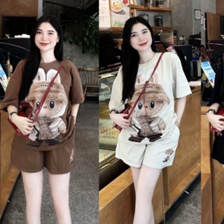 Bộ quần đùi áo thun chất su unisex nữ tay lỡ form rộng in LABUBU THUUNISEX M2547