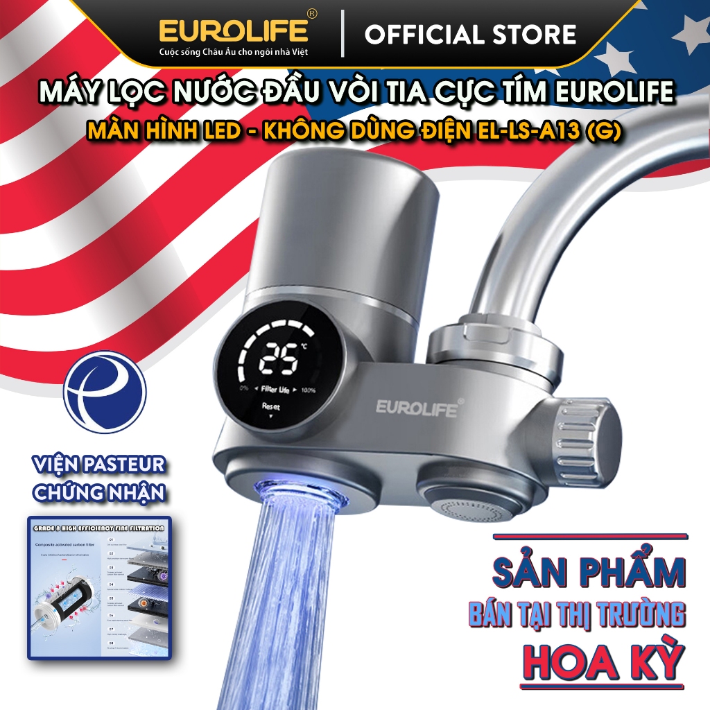 (Sản phẩm bán tại Mỹ) Máy lọc nước đầu vòi màn hình LED, tia UV khử khuẩn Eurolife EL-LS-A13(G)