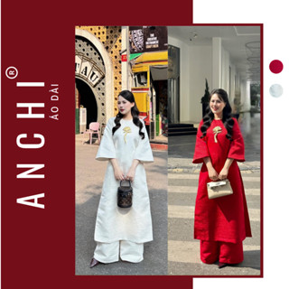 Áo Dài Cách Tân Nữ vải Tafta vân gỗ dáng suông tay lỡ, đính Hoa Sen giữa ngực áo - Áo Dài ANCHI