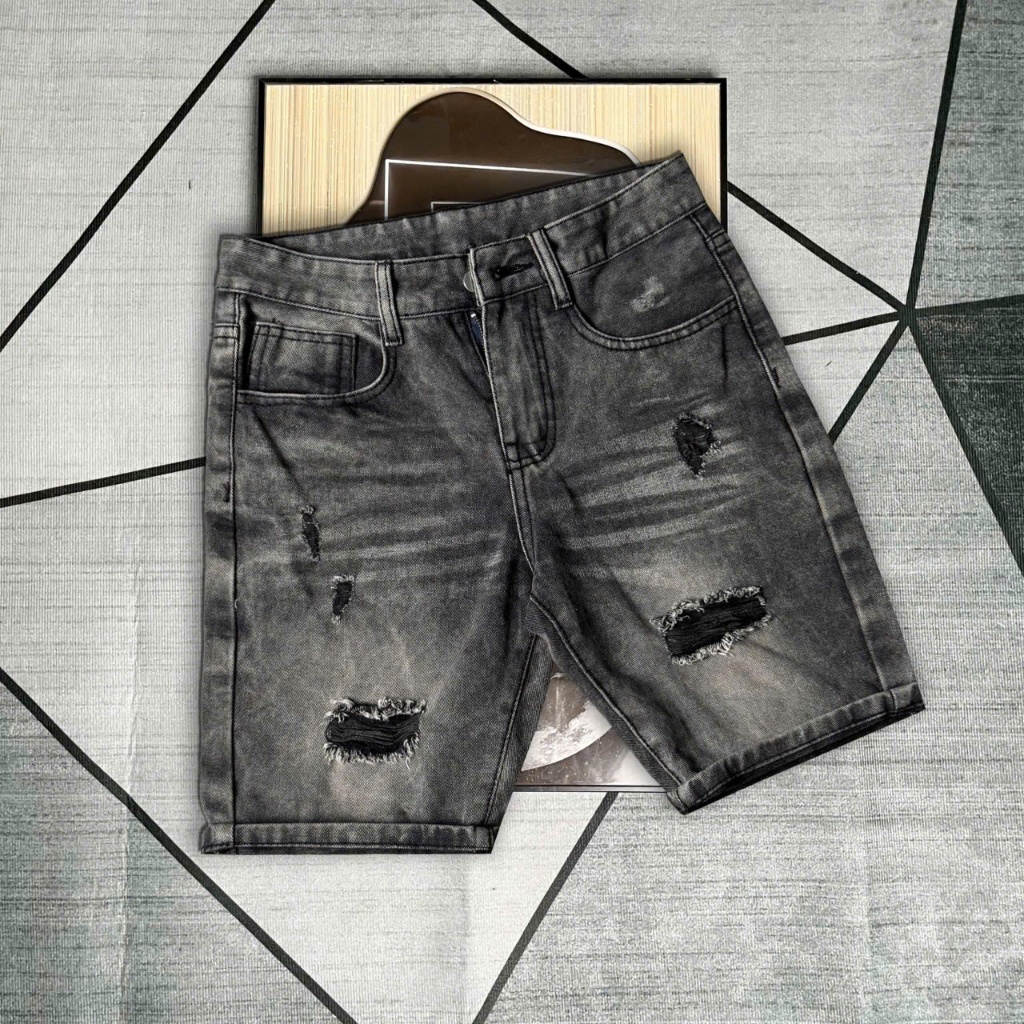 Quần short jean nam chất jean cotton cao cấp màu xanh nhạt thêu logo bụi bặm QS4E