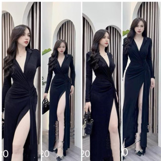  Đầm body cổ V dáng dài xẻ đùi chất thun ladong  váy dự tiệc đi chơi hở ngực sexy sang chảnh màu đen quyến rũ 