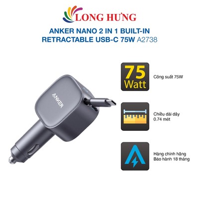 Cốc sạc xe hơi Anker Nano 2 in 1 Built-in Retractable USB-C 75W A2738 - Hàng chính hãng