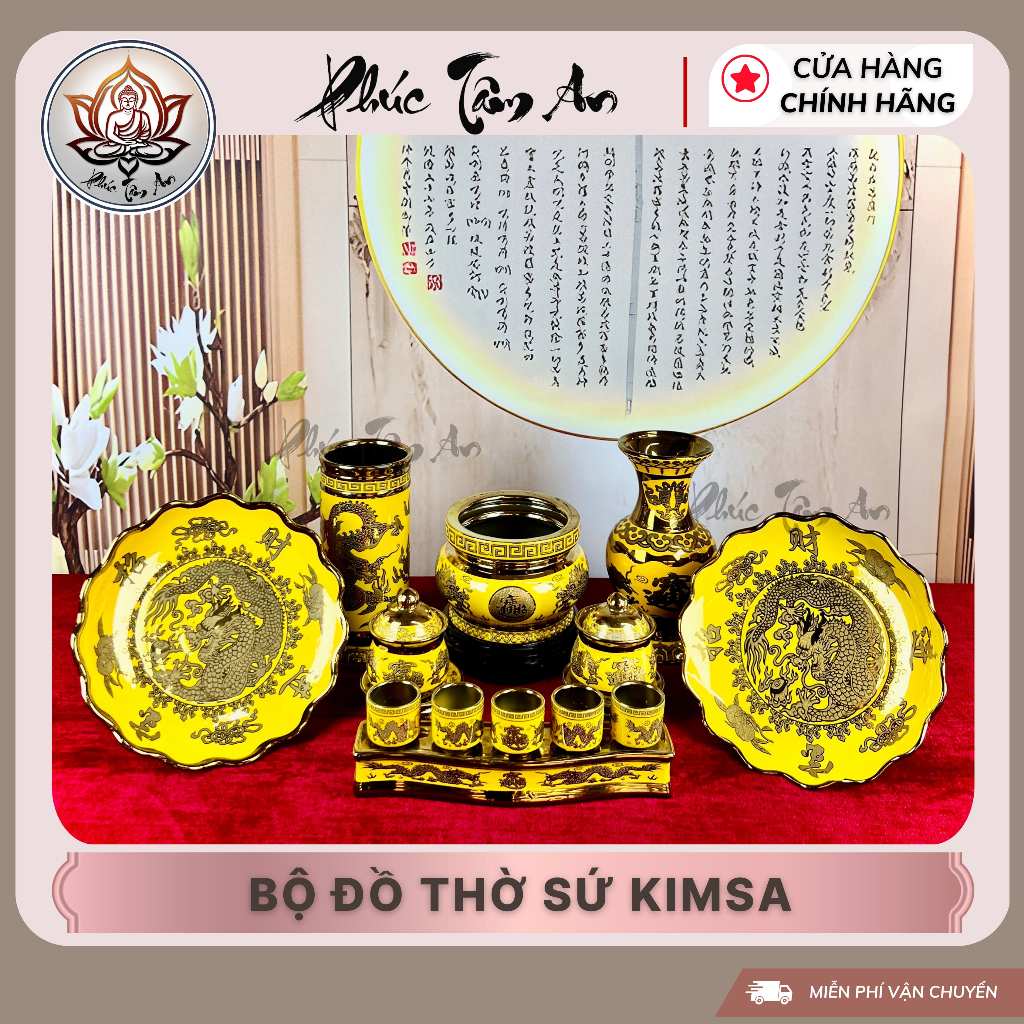 Bộ Đồ Thờ Sứ KIMSA Cao Cấp,Bộ Đồ Thờ Gia Tiên Kim Sa Rồng Vàng|Phúc Tâm An