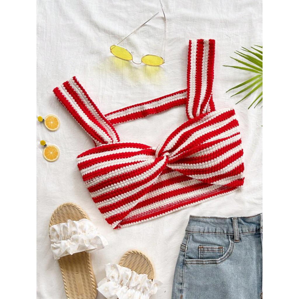 Áo Croptop Len Sọc Đỏ Trắng Dệt Tay Kiểu Nơ Trước – Phong Cách Vintage Nữ Tính