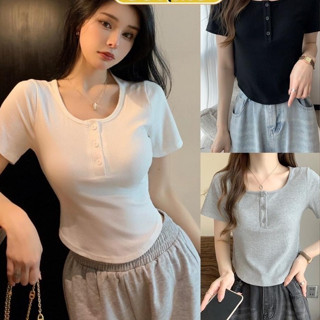 Áo thun nữ cộc tay áo vạt bầu 3KHUY Cổ U THUUNISEX M1841