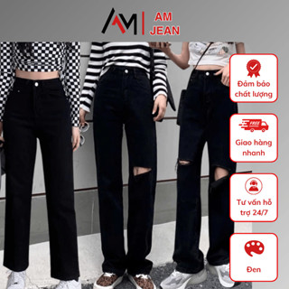  Quần Jean Nữ Đen Ống Đứng Rách Gối Quần Bò Nữ Ống Rộng Dài Lưng Cao Co Giãn Thời Trang 
