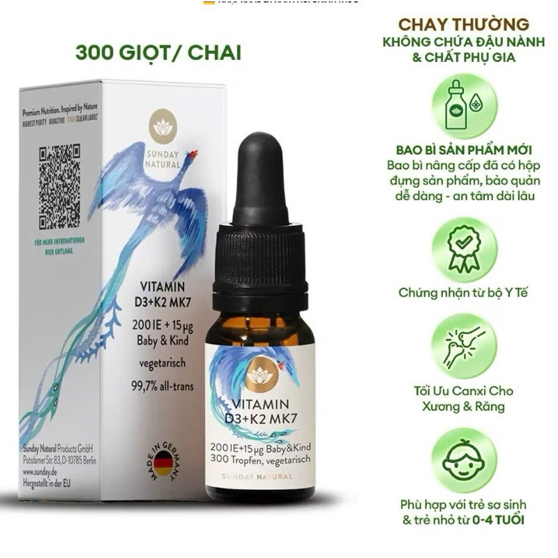 Vitamin D3 + K2 MK7 200 IU + 15mcg Đức Cho Trẻ 10ml (Mẫu Mới, Date 02/2027)