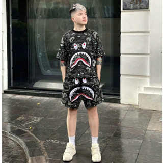 Bộ Cộc Tay Nam Phối Họa Tiết Cá Mập BAPE 5D Siêu Hót. Bộ Quần Áo Nam In 5D Hình Cá Mập Siêu Đẹp Dành Cho Boy Phố