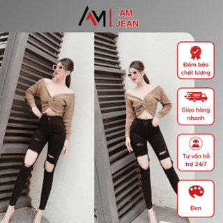 Quần Jean Nữ Skinny Lưng Cao Form Ôm Màu đen rách đùi , quần bò nữ rách đùi