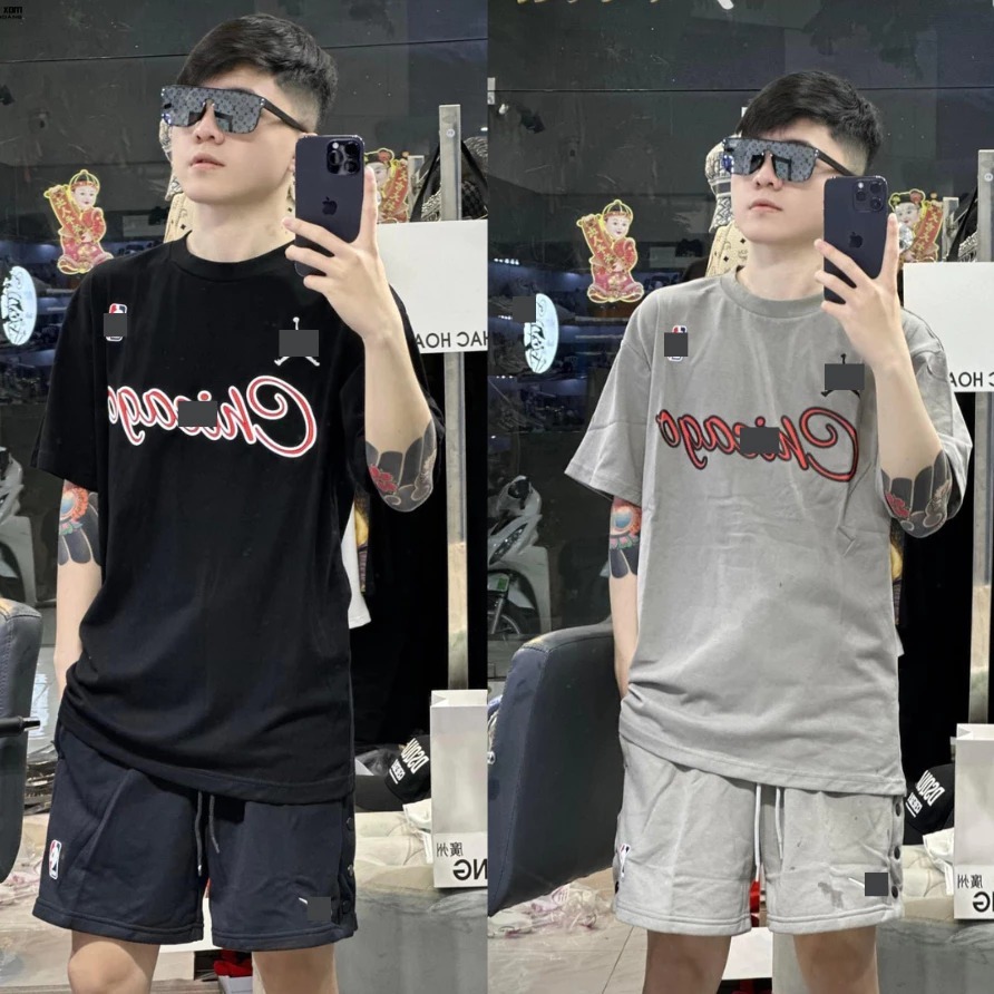 Bộ Quần Áo Nam Jóir Đen In Chicago Chữ Siêu Chất - Bộ Quần Áo Nam Nữ Chicago Chất Cotton Thấm Hút Mồ