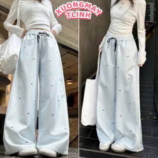 Quần Suông Ống Rộng Chất Thô Lạnh Mát Mẻ Hoạ Tiết Kẻ Sọc Nơ, Quần Suông Nữ Lưng Chun Mùa Hè Màu Sắc Kẻ Sọc Nơ Siêu Xinh