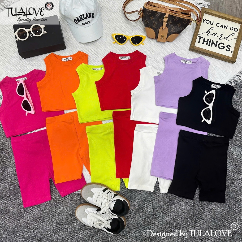 BỘ ÁO CROPTOP SÁT NÁCH + LEGGING ĐÙI CHO BÉ GÁI TULALOVE, Combo Quần Áo Mùa Hè Cho Bé Gái