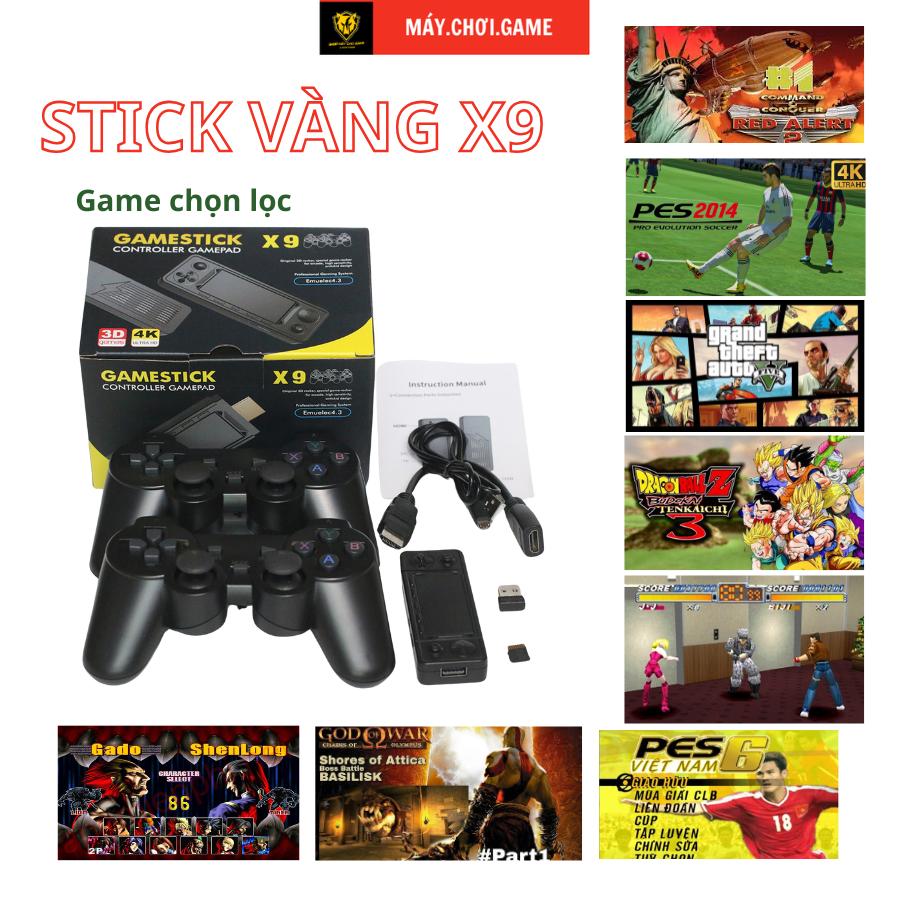 Máy Chơi Game Stick Vàng X9 Chip S905 x 3 Kèm 2 tay cầm Ram 2GB Có 40000 Game Cài Sẵn Độ Phân Giải 4