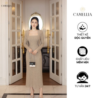  Đầm len thỏ màu Nâu tây Nữ CAMELLIA dáng ôm thanh lịch quyến rũ phù hợp mùa thu đông 