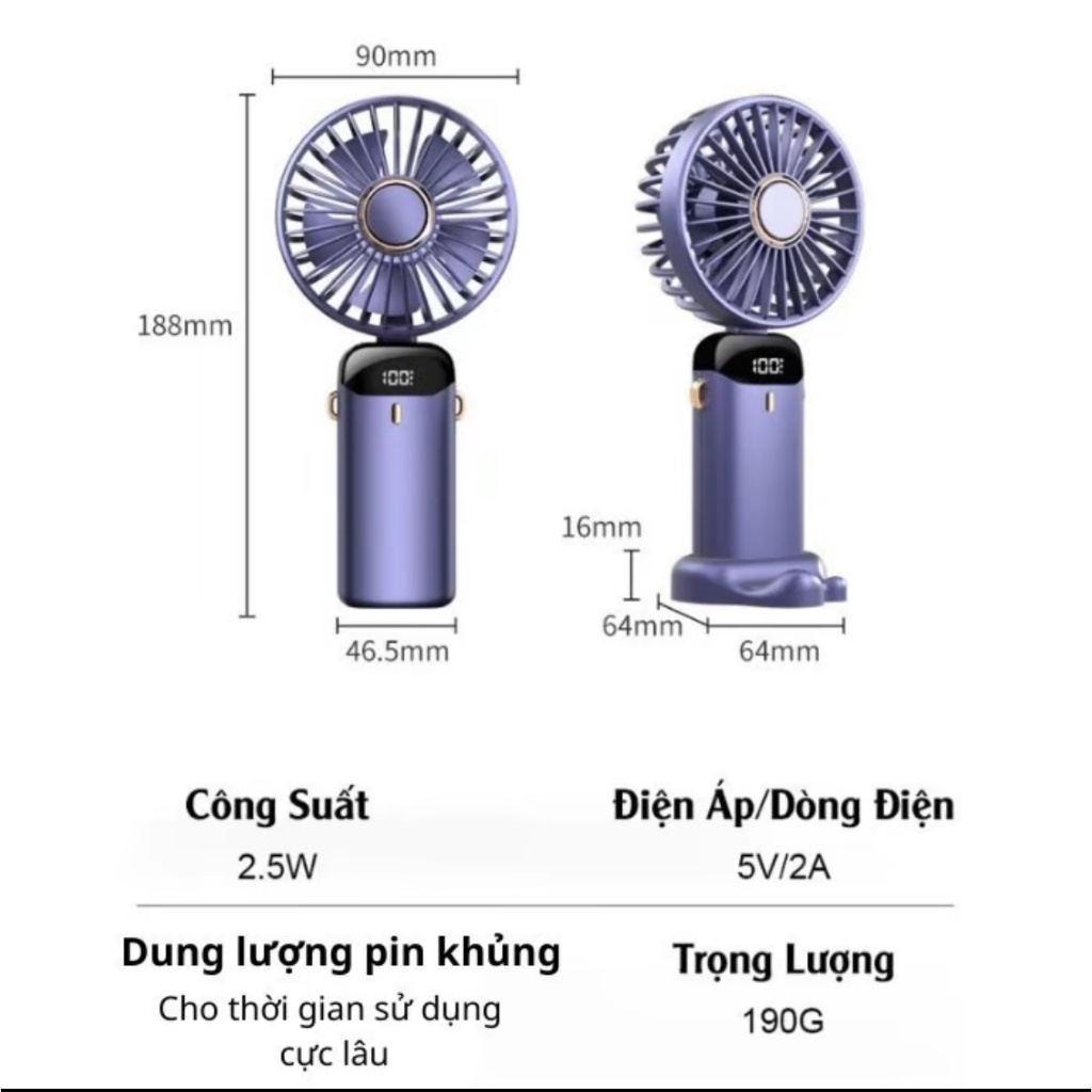 Quạt Cầm Tay Tích Điện Dung Lượng Pin Khủng, 5 cấp độ gió, màn hình Led Thông Minh Thiết Kế Đơn Giản Tiện Dụng.. | BigBuy360 - bigbuy360.vn