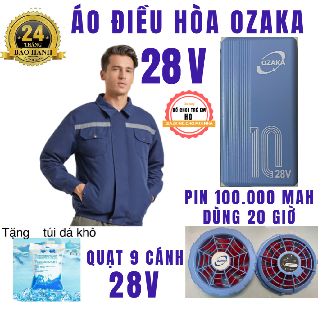 Áo điều hòa Nhật Bản 28V chính hãng pin 100.000mah DÙNG 20H , quạt kép 9 cánh siêu mát  BH 12 tháng
