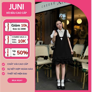 Đầm Bầu JUNI đầm yếm phối Áo Sơ Mi Tay Bồng Phối Hoa, Váy Tầng Xòe Hàn Quốc, Trẻ Trung Siêu Xinh